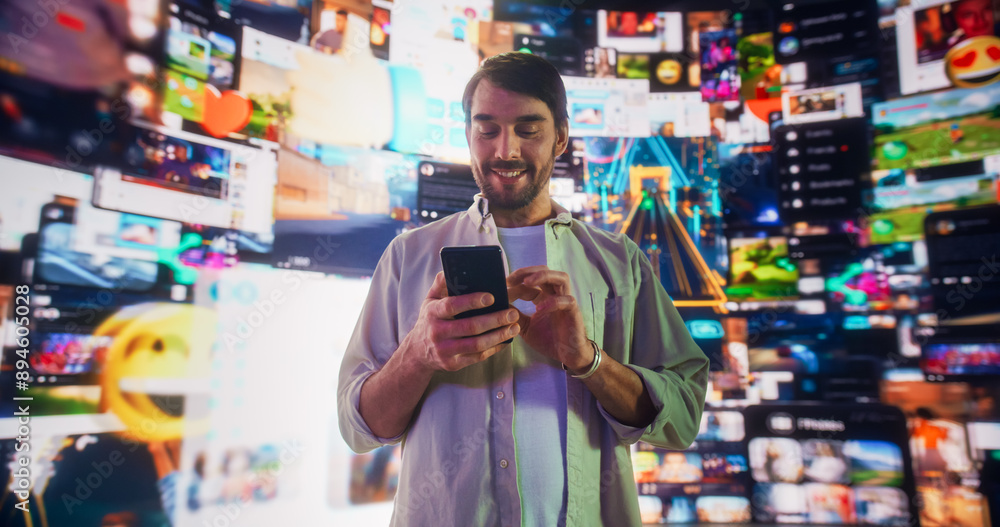 Aufkleber Portrait Of Caucasian Man Using Smartphone in 3D Cyberspace With Animated Social Media Interfaces, Video Games, Viral Videos, Internet Content. Visualization Of Blockchain Technology Concept.