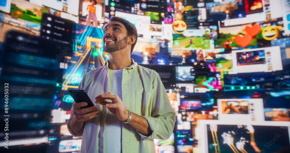 Poster portrait of caucasian handsome man using smartphone in 3d cyberspace with animated social media inte