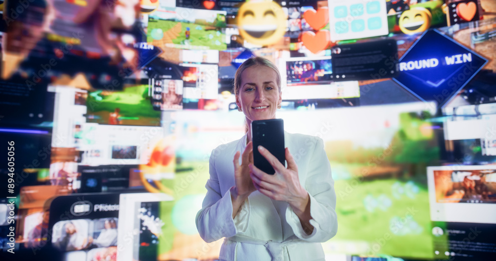 Poster portrait of caucasian woman using smartphone in 3d cyberspace with animated social media interfaces,