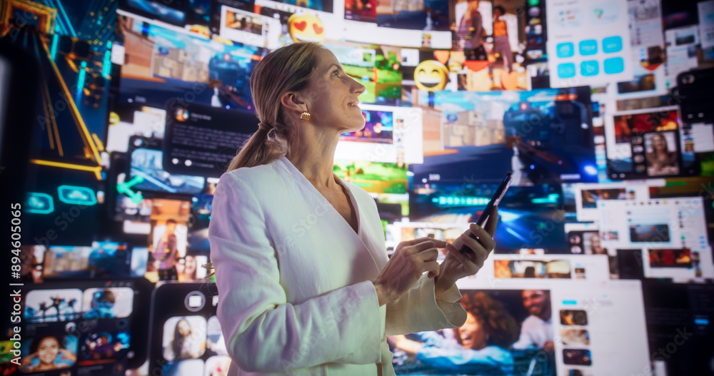 Poster portrait of caucasian woman using smartphone in 3d cyberspace with animated social media interfaces,