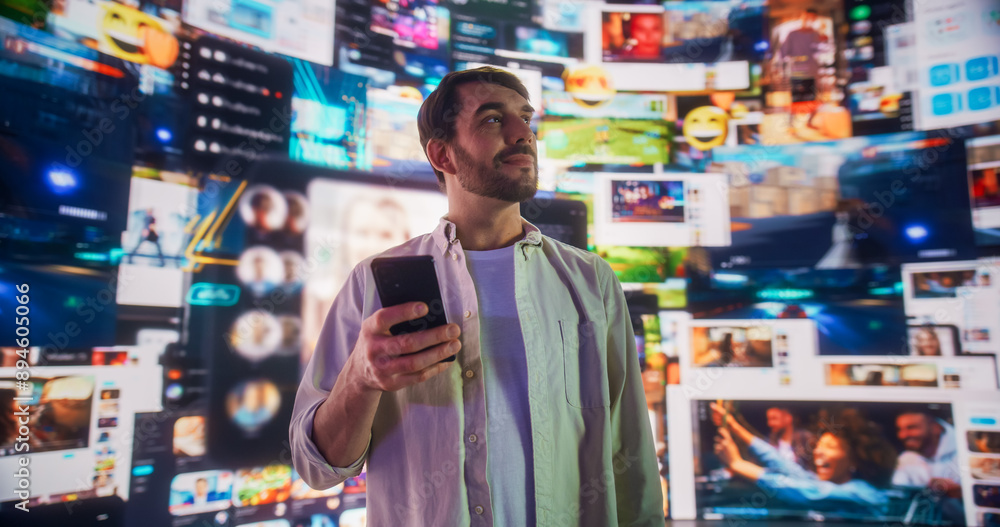 Poster Portrait of Caucasian Man Using Smartphone in Metaverse With Animated Stream Of Interfaces With Social Media, e-Commerce Shopping, Internet Influencers And Games. Visualization Of Web Network.