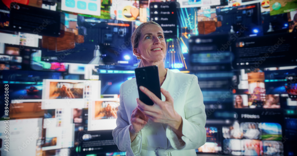Aufkleber portrait of caucasian woman using smartphone in 3d cyberspace with animated social media interfaces,