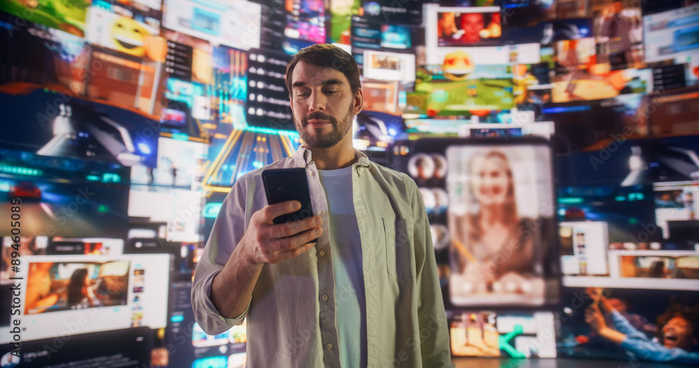 Poster Portrait of Caucasian Man Using Smartphone in Metaverse With Animated Stream Of Online Interfaces With Social Media, e-Commerce Shopping, Internet Influencers And Games. Visualization Of Web Network.