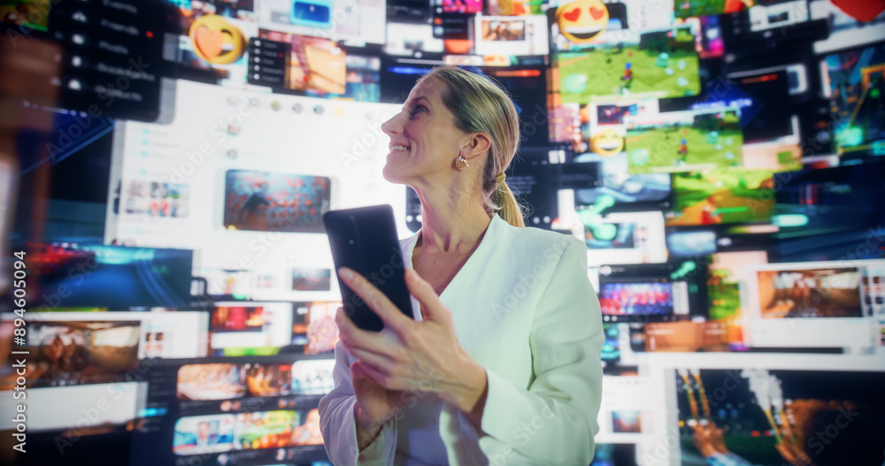 Poster portrait of caucasian woman using smartphone in 3d cyberspace with animated social media interfaces,