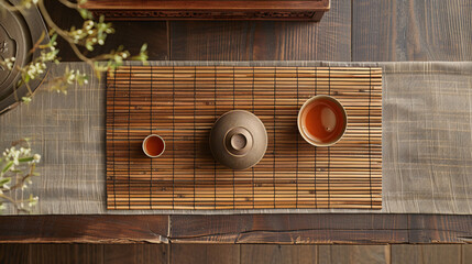 Zen Tea Time Setup with Bamboo Tea Packaging and Ceramic Teapot on Wood Mat - Chinese Style Design Aesthetics