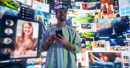 Portrait Of Caucasian Man Using Smartphone in 3D Cyberspace With Animated Social Media Interfaces, Online Games, Videos, and Internet Content. Visualization Of Male Enthusiast Surfing Web Network.