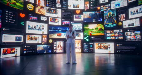 Portrait Of Caucasian Woman Connecting Via Smartphone To Virtual Network Of Social Media, Gaming,...