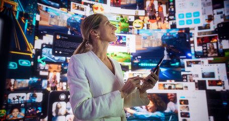 Portrait Of Caucasian Woman Using Smartphone in 3D Cyberspace With Animated Social Media Interfaces, Games, Videos, Internet Content. Visualization Of Female Enthusiast Surfing Web Network.