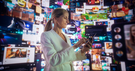 Portrait Of Caucasian Woman Using Smartphone in 3D Cyberspace With Animated Social Media Interfaces, Online Games, Videos, Internet Content. Visualization Of Female Enthusiast Surfing Web Network.