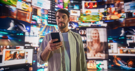 Portrait of Caucasian Man Using Smartphone in Metaverse With Animated Stream Of Online Interfaces With Social Media, e-Commerce Shopping, Internet Influencers And Games. Visualization Of Web Network.
