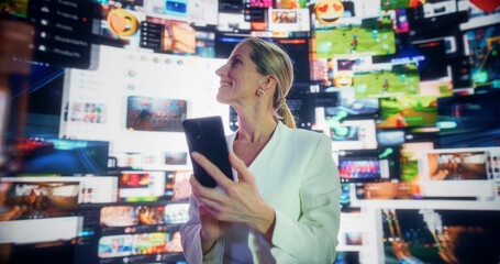 Portrait Of Caucasian Woman Using Smartphone in 3D Cyberspace With Animated Social Media Interfaces, Video Games, Online Videos, Internet Content. Visualization Of Blockchain Technology Concept.