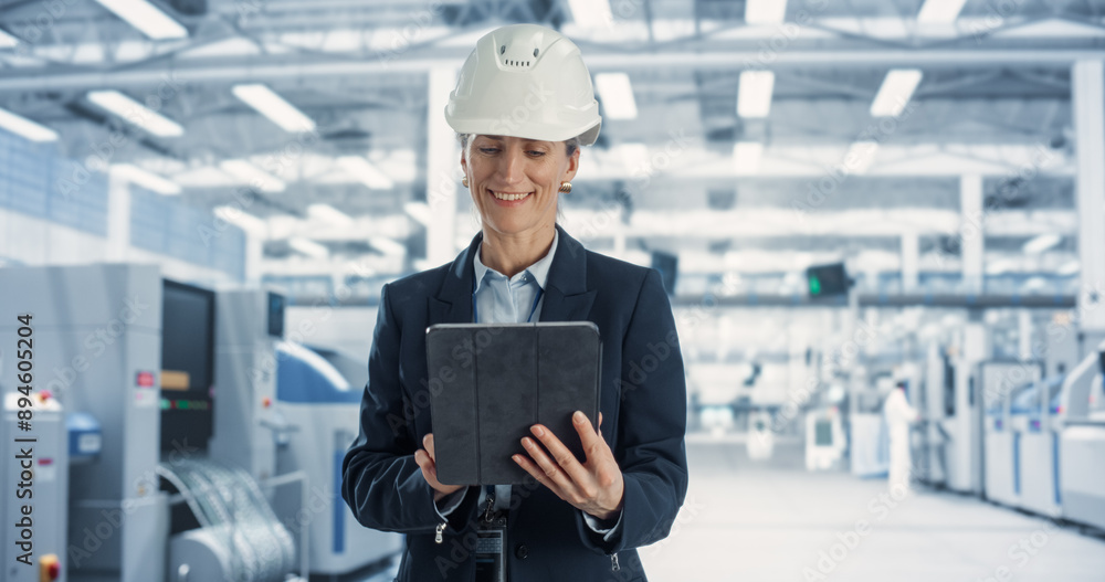Aufkleber portrait of beautiful caucasian female engineer standing in factory hall, using tablet computer at i