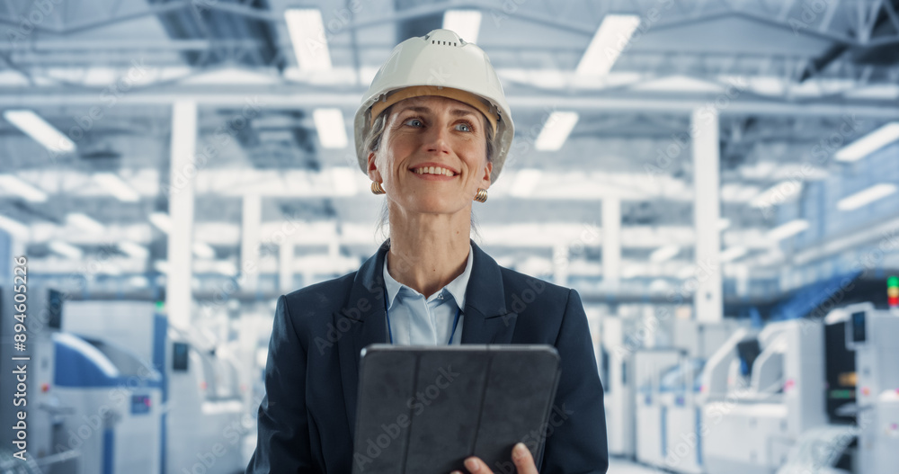 Leinwandbilder portrait of caucasian female engineer standing in factory hall, using tablet at a machinery manufact