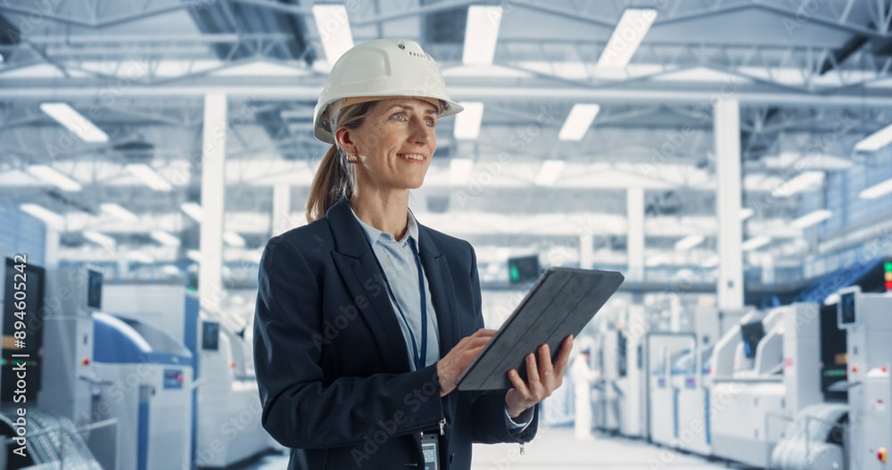 Poster Thoughtful Caucasian Female Engineer In Hardhat Monitoring and Analyzing Conditions at a Modern Tech Electronics Factory with Heavy Machinery Working with Help of Artificial Intelligence Software