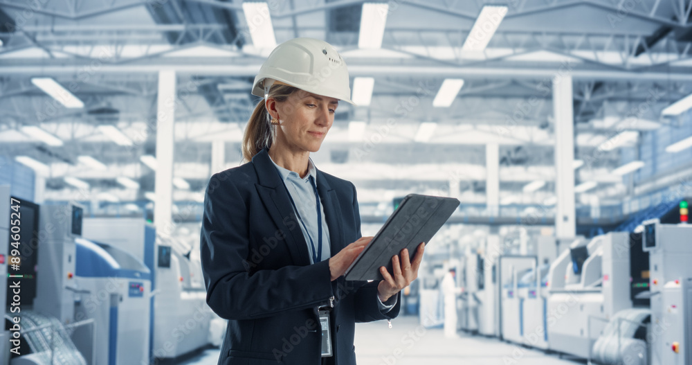 Poster Thoughtful Caucasian Female Engineer In Hardhat Monitoring and Analyzing Conditions at a Modern Tech Electronics Factory with Heavy Machinery Working with the Help of Artificial Intelligence Software