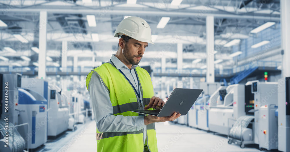 Poster portrait of a caucasian male engineer standing in factory hall, using laptop computer at a machinery