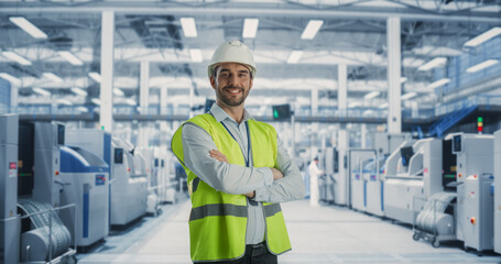 Portrait of Adult Caucasian Male Production Supervisor Looking at Camera And Smiling. Technician in Hardhat And Reflective Jacket at an Industrial Factory with Heavy Machinery Producing Electronics.