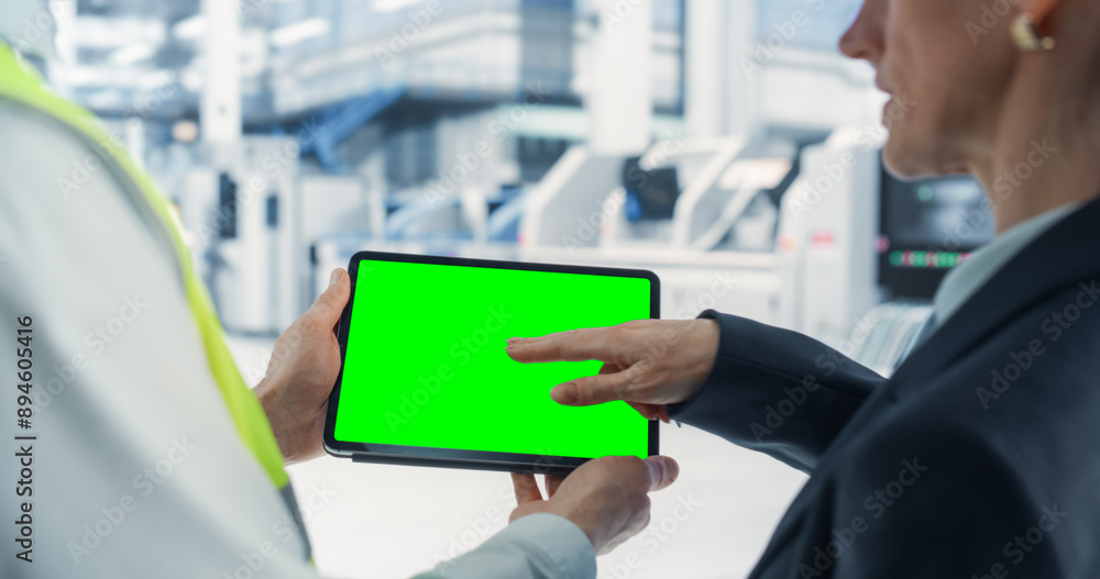 Aufkleber Caucasian Male Engineer Using Tablet With Green Screen Chromakey on Display And Talking To Female Supervisor At Autonomous Assembly Line At an Electronics Factory. Colleagues Discussing New Projects.