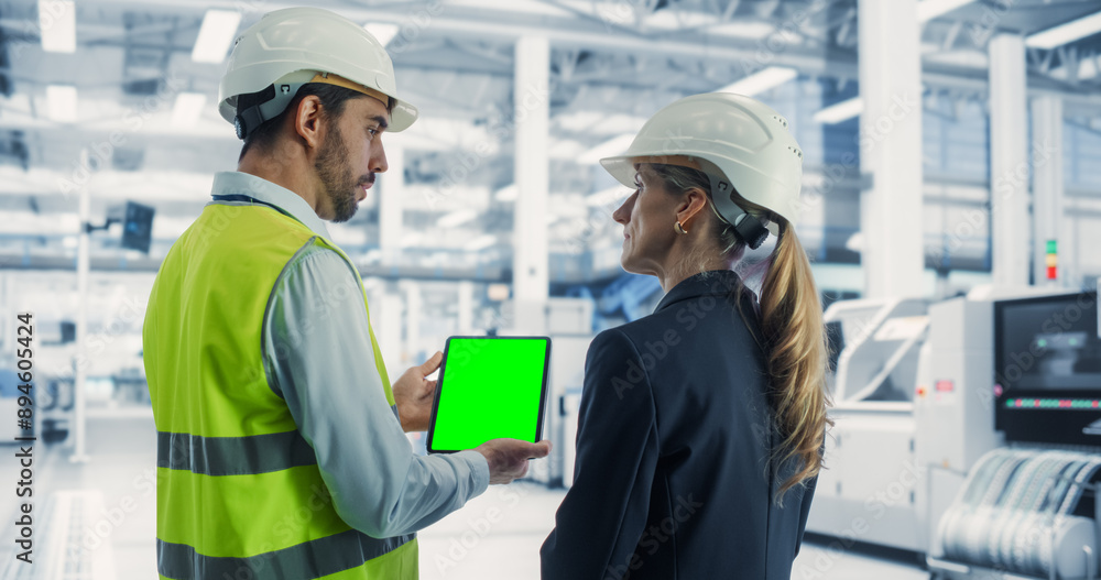 Poster Caucasian Male Engineer Using Tablet With Green Screen Chromakey on Display And Talking To Female Supervisor At Autonomous Assembly Line At an Electronics Factory. Colleagues Discussing Projects.