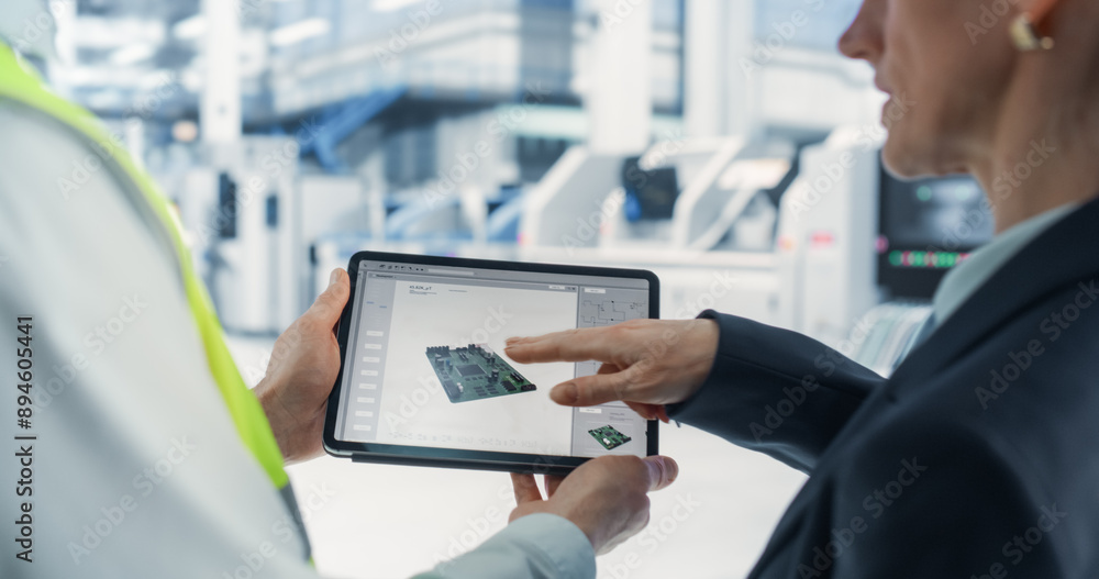 Fototapete Caucasian Female Manager And Male Engineer Using Tablet Computer With Microchip Blueprints at Automated Electronics Factory. Colleagues Discussing Production Of Microprocessors for High-Tech Devices.