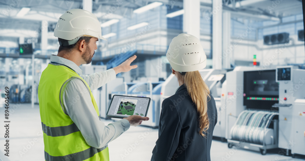Fototapete Caucasian Female Manager And Male Engineer Using Tablet Computer With Microchip Blueprints at Automated Electronics Factory. Colleagues Discussing Production Of Microprocessors for High Tech Devices.