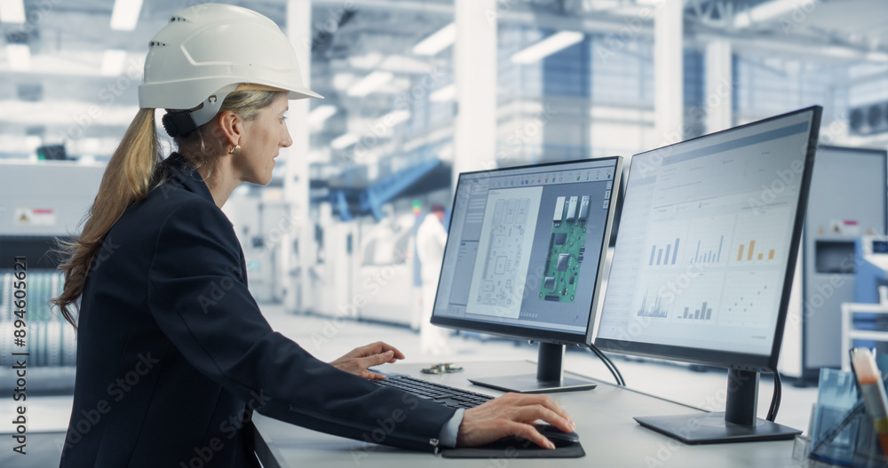 Poster modern electronics factory: engineer works on desktop computer with cad software. caucasian female s