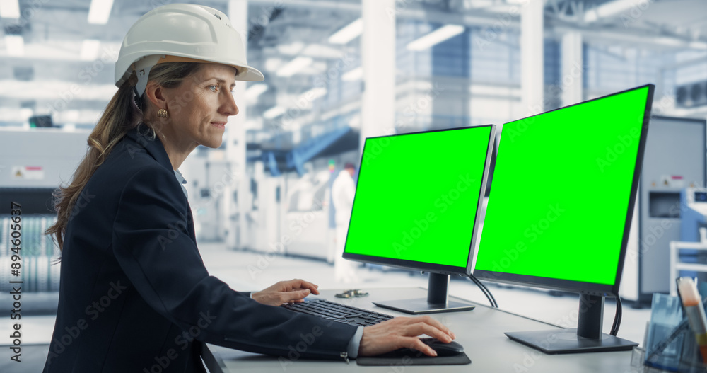 Leinwandbilder caucasian female technician in hardhat working on desktop computer with green screen chromakey mock-