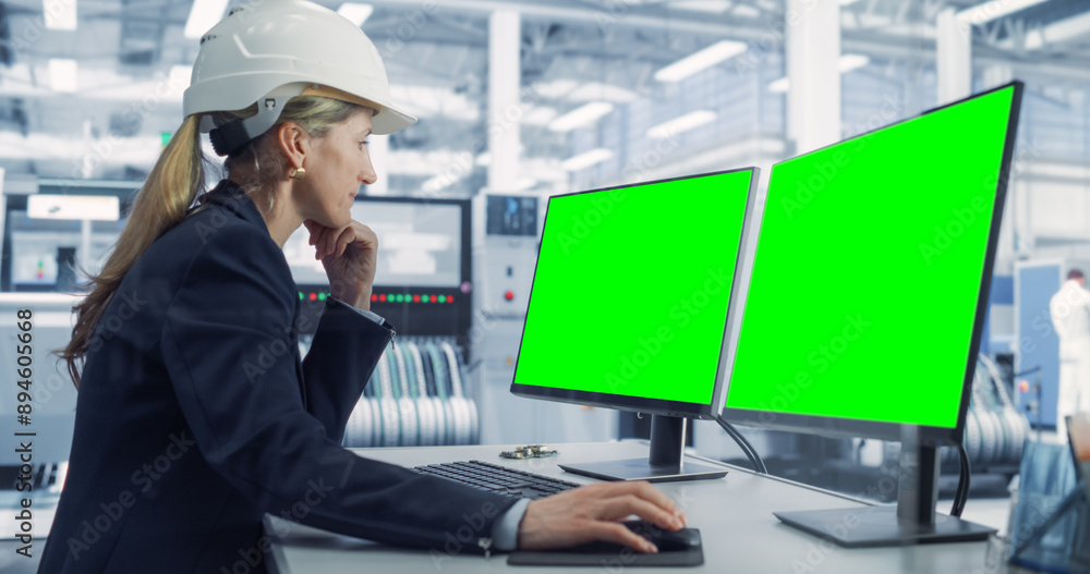 Fototapete Caucasian Female Technician In Hardhat Working on Desktop Computer with Green Screen Chromakey Mock-Up Display in Electronics Factory Office. Autonomous Technological Research, Development Facility