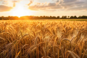 Golden wheat field with sunset in background