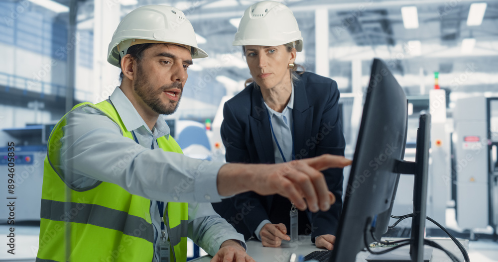 Poster Caucasian Female Manager And Male Industrial Engineer Using Desktop Computer With Microchip Prototype at Automated Electronics Factory. Diverse Colleagues Discussing Production Of High Tech Devices.
