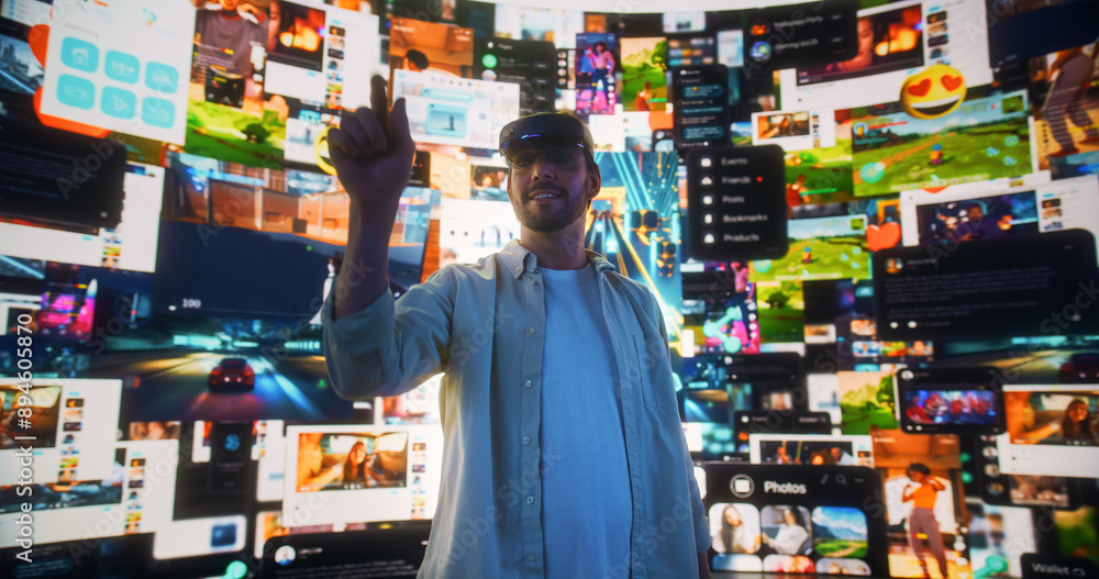 Poster portrait of caucasian man wearing augmented reality glasses and surfing cyberspace interface. male u