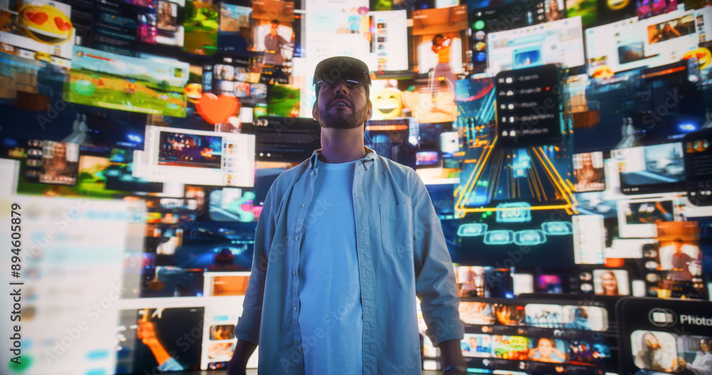 Poster portrait of caucasian man wearing augmented reality glasses and surfing cyberspace interface. male u
