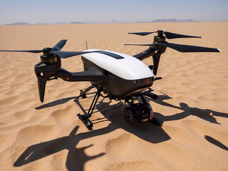 Drone close-up in the style of realism. The drone is located on sandy terrain.