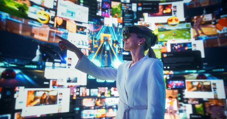 Portrait Of Caucasian Woman Wearing Augmented Reality Glasses And Surfing Cyberspace Interface. Female Using Gestures To Browse Web Content, Watch Video Streaming, Social Media Influencers In AR.