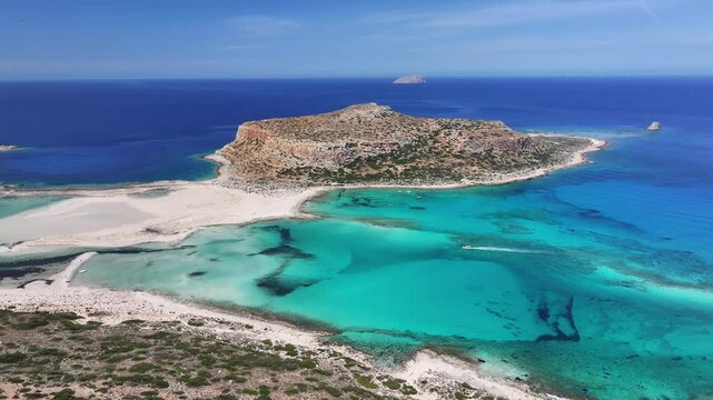 Aerial view of Balos Beach and Balos Lagoon, drone shot 4k, Gramvoussa Peninsula, Crete, Greek Islands, Greece 