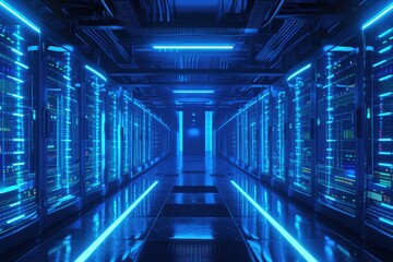 Fototapeta premium Tech Savvy Data Center with Vibrant Blue Illuminated Racks