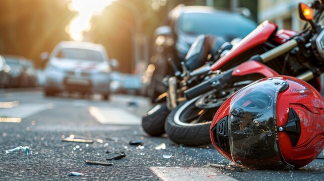 Schwerer Motorradunfall auf der Stra&szlig;e &ndash; Roter Helm und Tr&uuml;mmerteile als Warnsignal