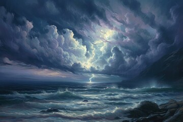 Fototapeta premium Majestic Lightning Strikes Across the Dark Ocean Waves