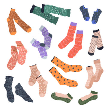 Collection of trendy cotton, woolen, and nylon socks with different patterns and textures. isolated flat illustrations on a white background. Clothing, apparel and garments set.