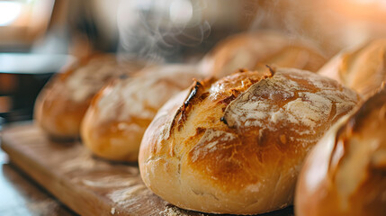 Freshly Baked Bread Loaves: A close-up shot of several loaves of rustic bread, freshly baked and still warm, sitting on a wooden kitchen counter. The image should emphasize the golden-brown crust, tex