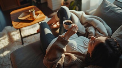 Obraz premium Woman Relaxing on a Couch With a Cup of Coffee in the Morning Sunlight