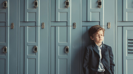 A young boy sits sadly against blue lockers in a school hallway, wearing a formal outfit.