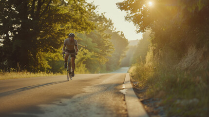 A lone cyclist rides along a sun-dappled country road, exuding the serene joy of an early morning ride amidst nature.