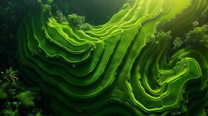 Aerial view of vibrant green rice terraces cascading down the hillsides.