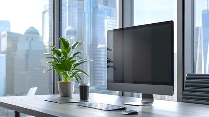 Fototapeta premium Modern Office Workspace: A sleek and minimalist office setting with ergonomic furniture, a large computer monitor, a potted plant, and a cup of coffee on a clean desk. The backdrop should include larg