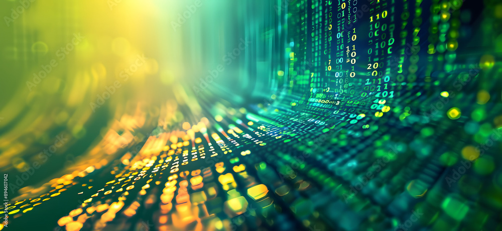Aufkleber flowing stream of binary code in green and yellow hues, representing data transfer and technology