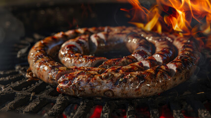 Fototapeta premium Coiled sausage sizzling on a grill with flames, capturing the essence of a fiery barbecue moment.