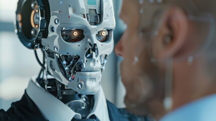 Fototapeta premium A robot with a human face is standing next to a man in a suit