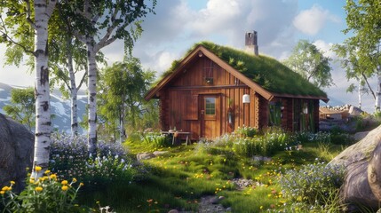 A cozy Scandinavian cabin with a wooden exterior, a grass-covered roof, and a garden surrounded by birch trees and wildflowers.