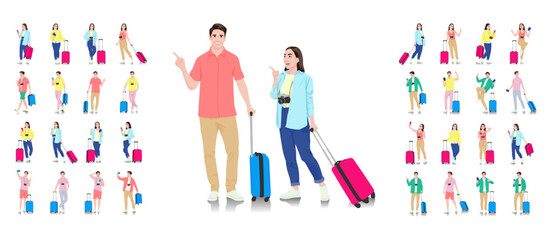 Set of young man and woman tourists with smartphones and passports and tickets. Travelers going on trip in casual clothes with a suitcase. Vector illustration set isolated on white